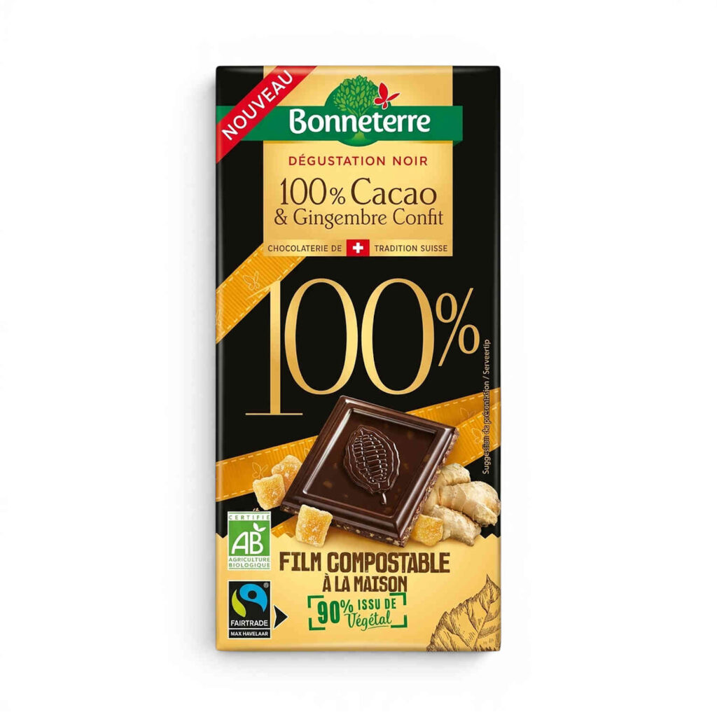 Chocolat 100 % cacao gingembre 90 g Bonneterre