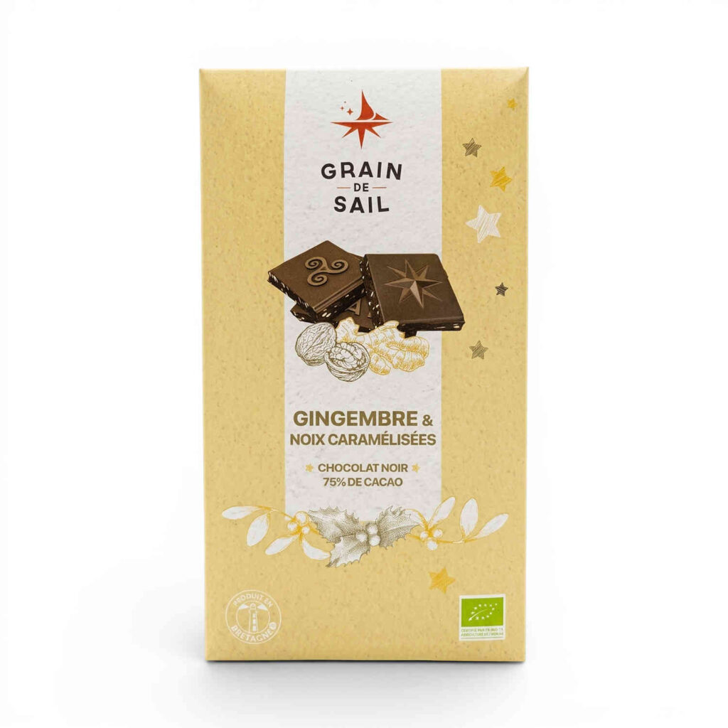 Chocolat noir 75 % gingembre et noix caramélisées 100 g Grain de Sail