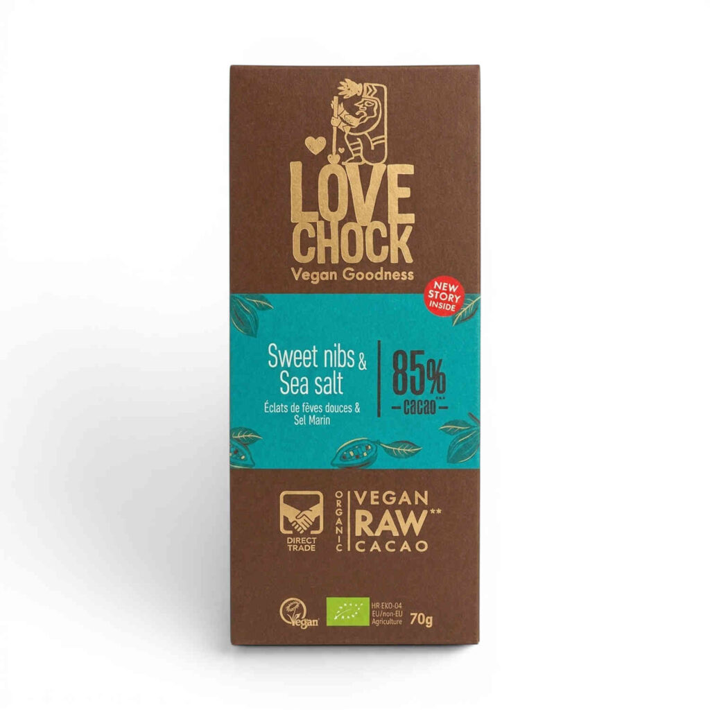 Chocolat cru 85 % éclats fèves/sel 70 g Lovechock