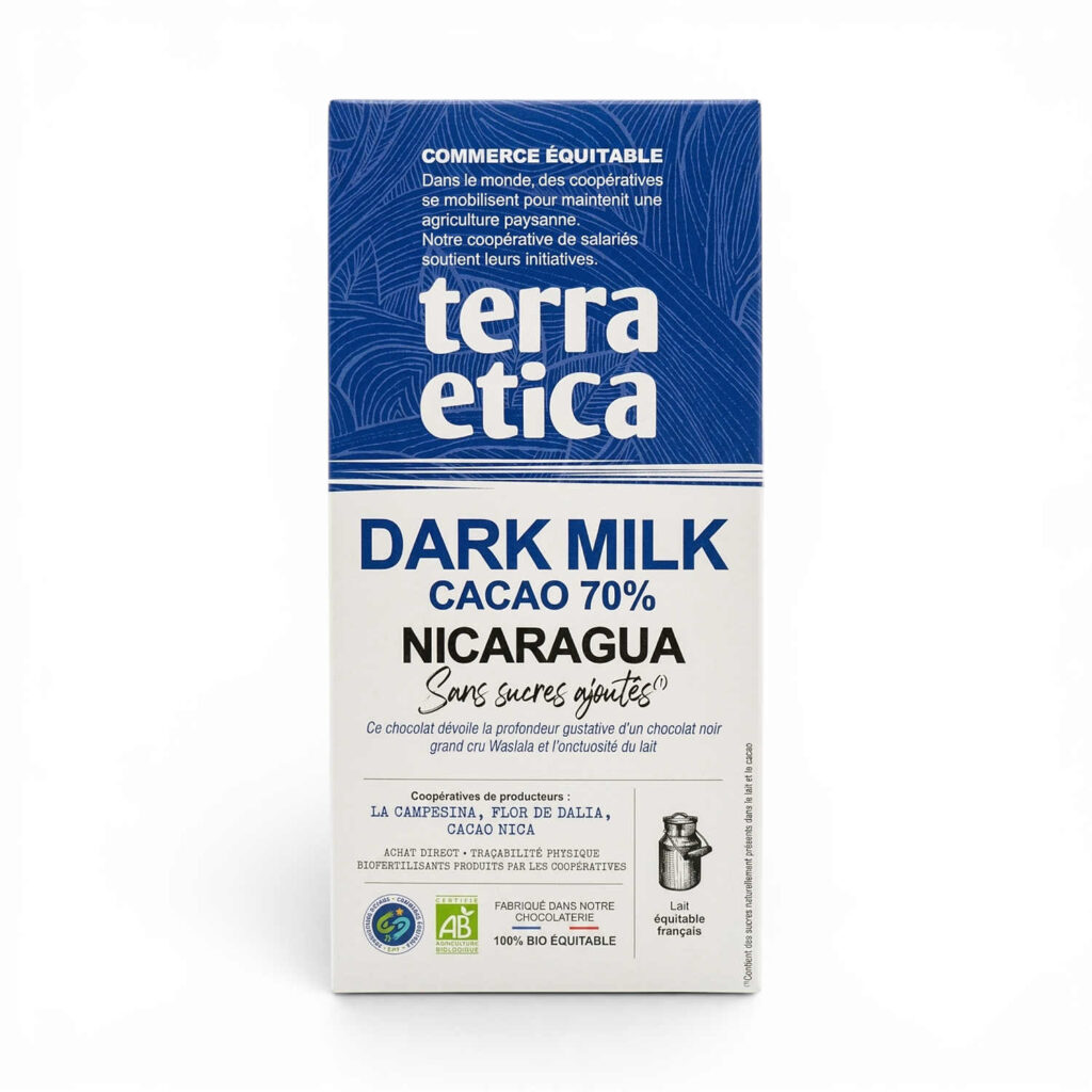 Chocolat Dark Milk Nicaragua 70% sans Sucre 100gr Terra Etica
