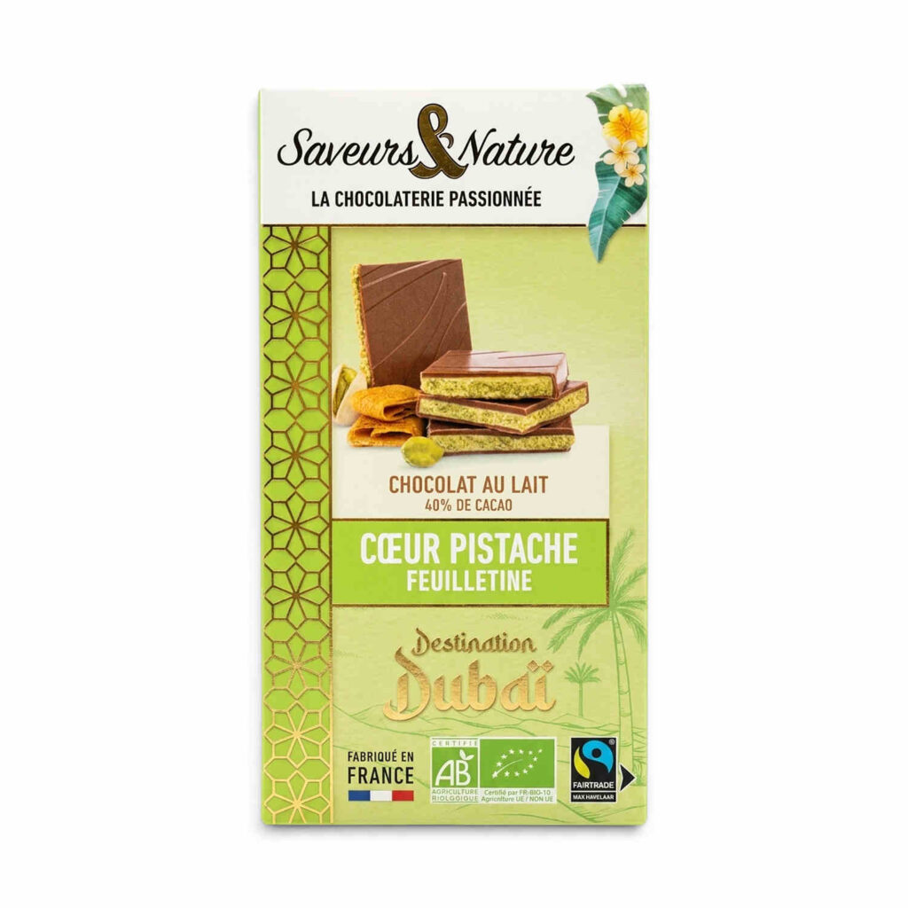 Chocolat au lait 40 % cœur pistache Dubaï 92 g Saveurs et Nature