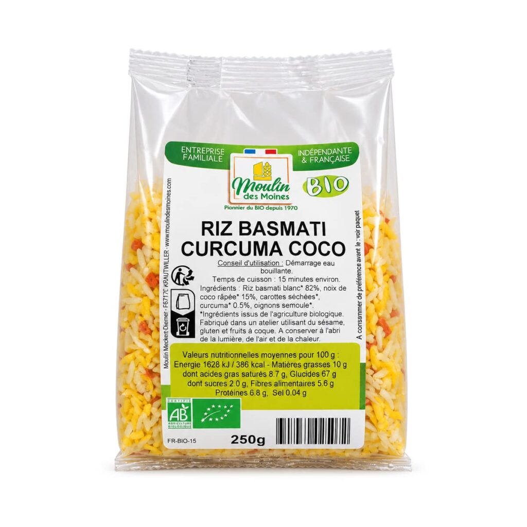 Riz basmati au curcuma et à la coco 250 g Moulin des Moines